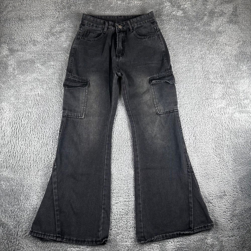 Unbranded Cargo Flare Jeans Womens 27 Washed Black High Rise‎ Wide Leg Utility